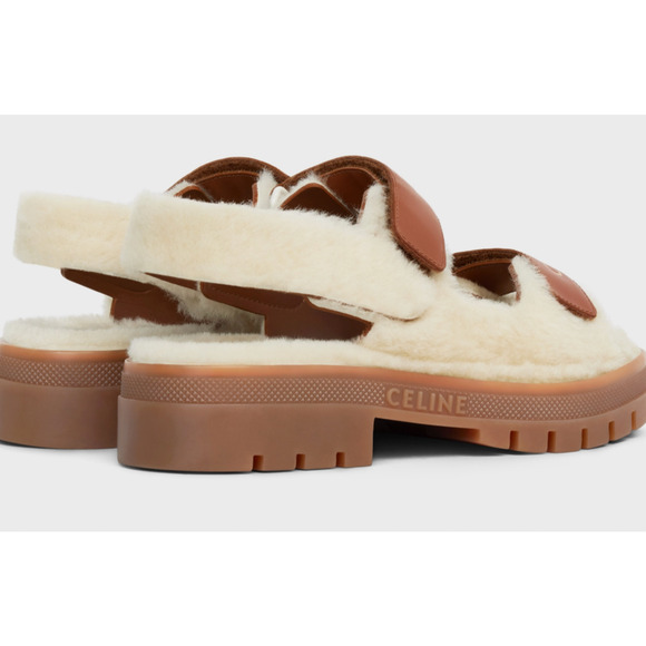 Celine Leo Scratch Sandal Shearling Fur Tan Leather Logo Strap Platform Flat 37 - Picture 10 of 12